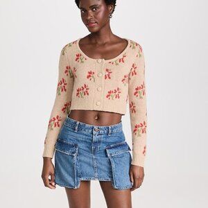 KITRI Beige Floral Cropped Cardigan Sweater Womens M Wool Alpaca‎ Blend Cottage